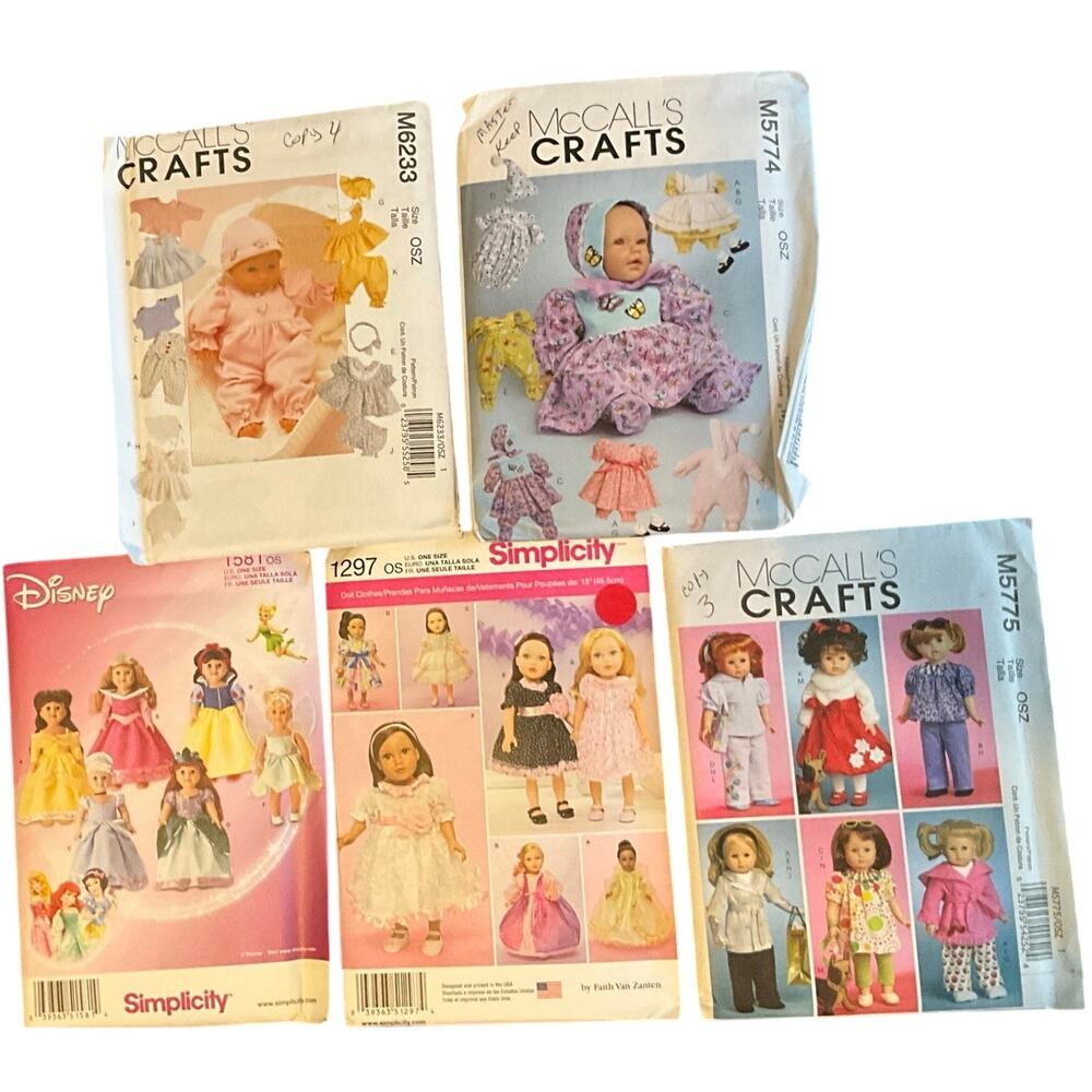 5 New Patterns 3 McCall's 2 Simplicity Disney -- 3 -18", 2 - Multi Size Patterns